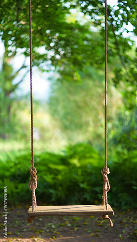 Wooden swing hanging from a tree branch in a lush green garden, inviting relaxation and outdoor fun in a tranquil and idyllic setting