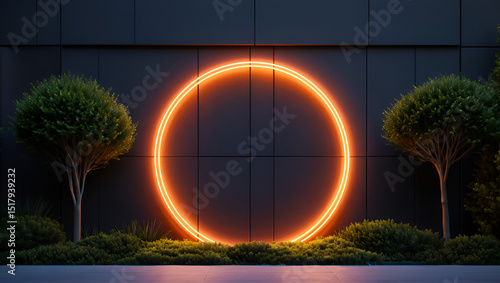 Illuminated orange neon circle against a dark wall with greenery, creating a modern and abstract architectural scene
