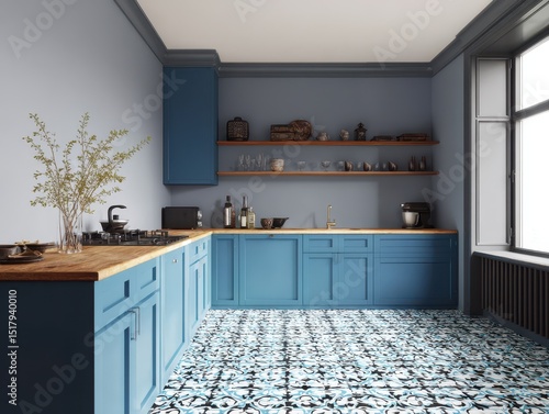 Stylish blue kitchen with p...
