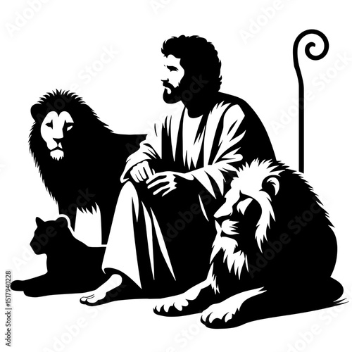 Daniel in the lions' den, Old Testament, black silhouette vector on transparent background