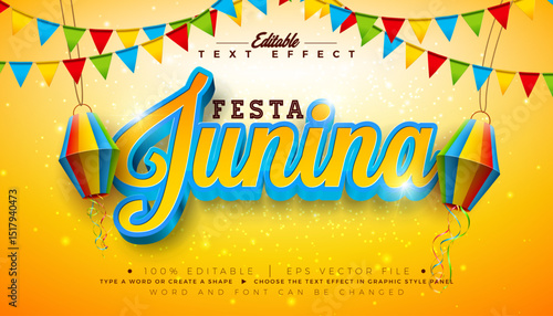 Festa Junina 3D Text Effect Design Editable and Scalable Vector Graphic Style Effect with Typography Lettering and Shadow on Yellow Background. Premium Illustration Template With Party Flag and Paper