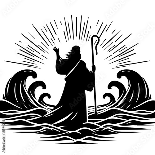 Moses parting the Red Sea, Old Testament, black silhouette vector on transparent background