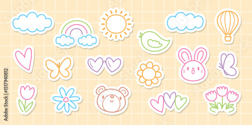 cute kawaii style hand drawn cartoon sticker graphic element vector set