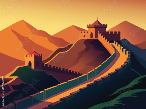 Great wall of china illustration travel tourism landmark asia