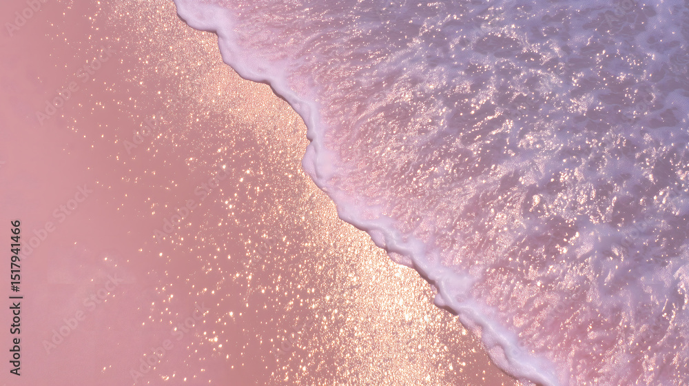 Fototapeta premium Sparkling Ocean Wave on Pink Sand Beach – Fantasy Summer Background