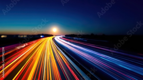 Vibrant light trails on a highway at twilight with a full moon illuminating the scene