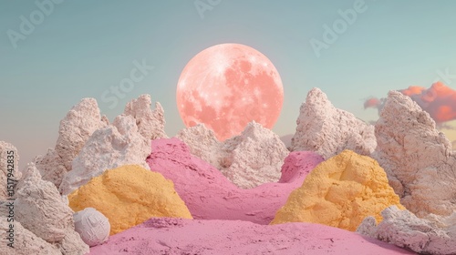 A surreal landscape with a pink moon, pink and yellow rocks, and a blue sky.