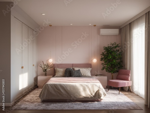A cozy, blush-toned bedroom...