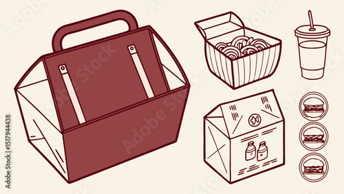 Dark red paper lunch vector food craft box package vector mockup. Blank realistic isolated pack for take away breakfast or snack icon. Empty folded craft grocery product container illustration 