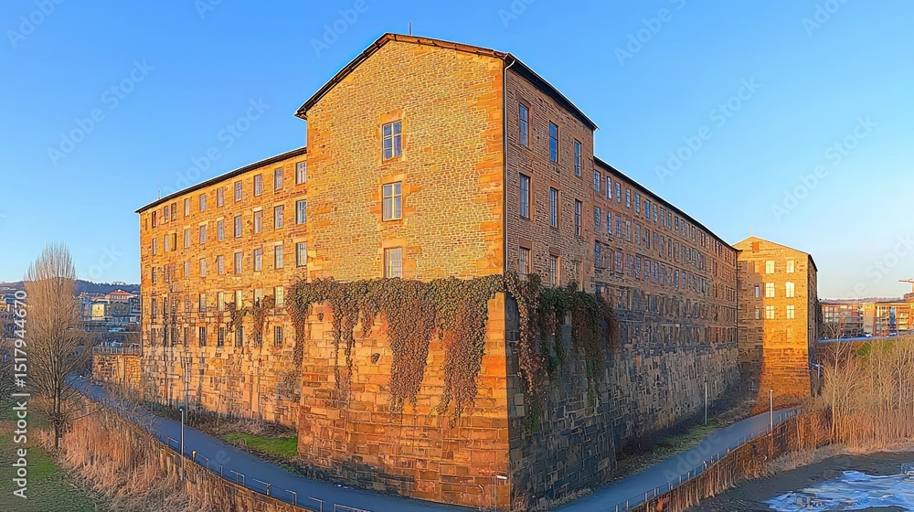 Exterior view of a historic sandstone building with a sunlit facade. Exterior view of a historic sandstone building with a sunlit facade.