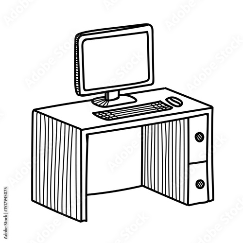 Vector doodle of a computer desk with monitor and keyboard. Hand-drawn in sulfur white on a white background. Minimalist line art illustration.