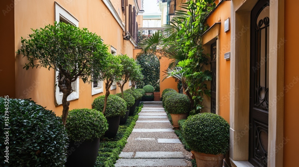 Fototapeta premium A warm and inviting outdoor garden with small palm trees planted along a stone pathway, creating a serene, natural escape.