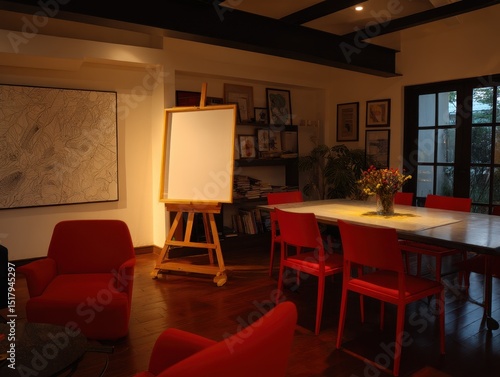 A room with red chairs and ...