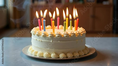 Delicious Birthday Cake with Lit Candles Ready for Celebration