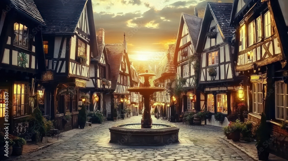 Fototapeta premium Charming cobblestone street at sunset in an old town.