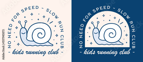 Kids running run club slow runners funny quotes sayings fun snail children shirt design girls boys group squad. Cute animal blue aesthetic marathon race training printable poster invitation card.