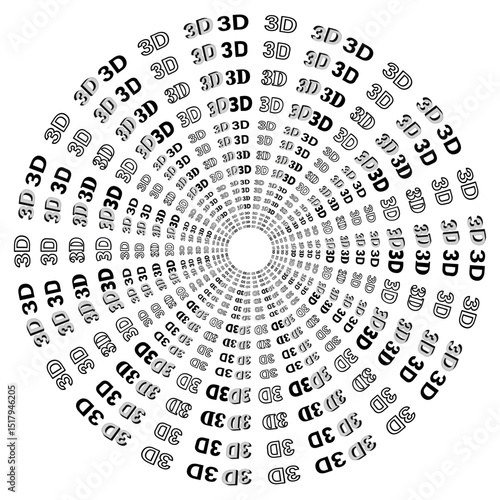 Radial text layout. Circular word pattern. Typography symmetry vector. Black white design.
