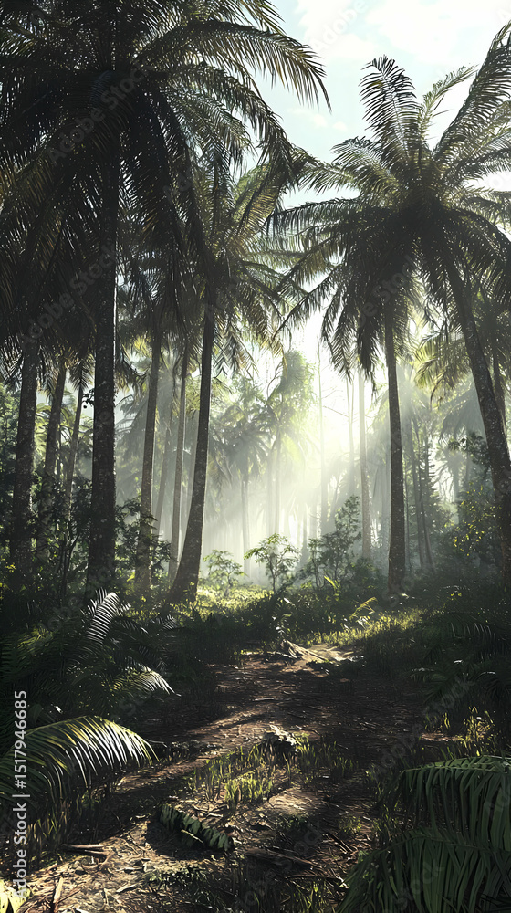 Naklejka premium Digital Illustration Of A Misty Tropical Forest Path