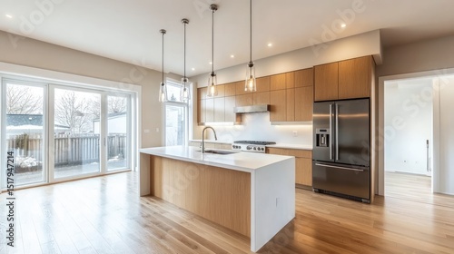 Modern Kitchen Design: Light Wood Cabinets, Island, and Stainless Steel Appliances