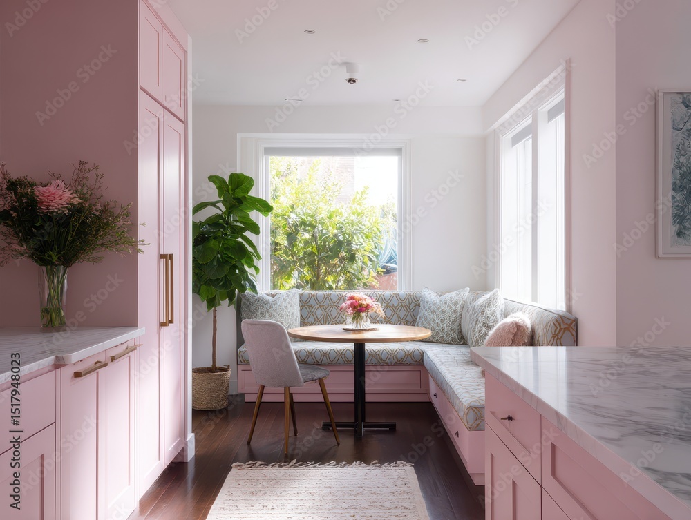 Fototapeta premium Pink kitchen with a window seat and built-in bench.