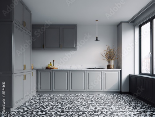 A modern kitchen with gray ...