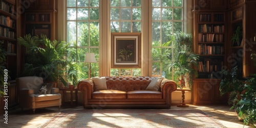 Well-Lit Interior with Leather Couch, Bookshelves, and Lush Indoor Greenery in a Residence