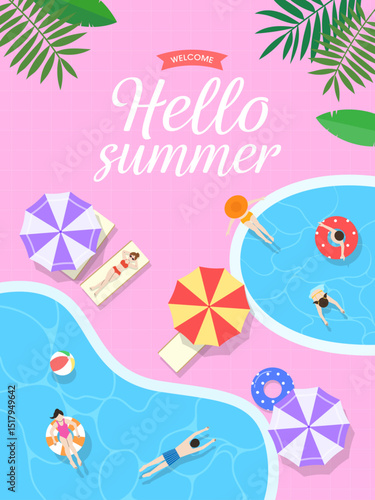 Hello summer_People relaxing in summer pool with tubes and umbrellas