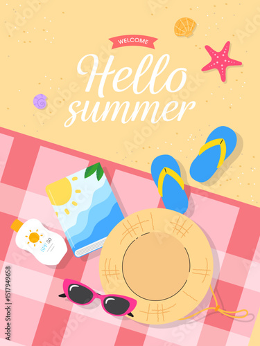 Hello summer_Summer beach picnic accessories on mat