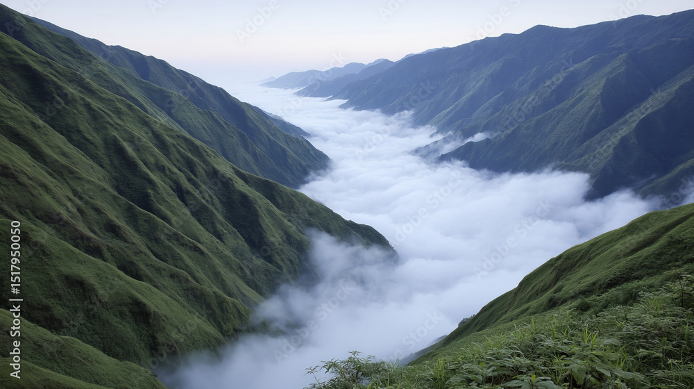 Obraz premium Mist blankets verdant mountains like a celestial river, invoking magical realism and the spring equinox, transcendent landscapes meet ethereal enchantment