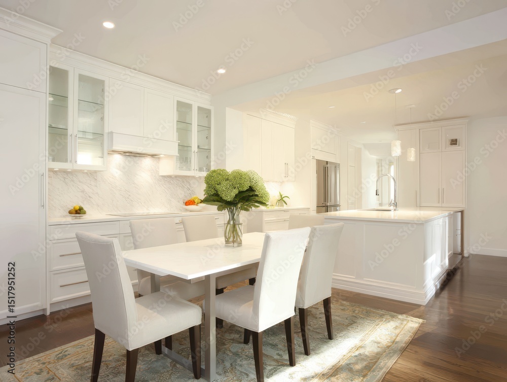 Fototapeta premium A bright, open-plan kitchen with a dining area.