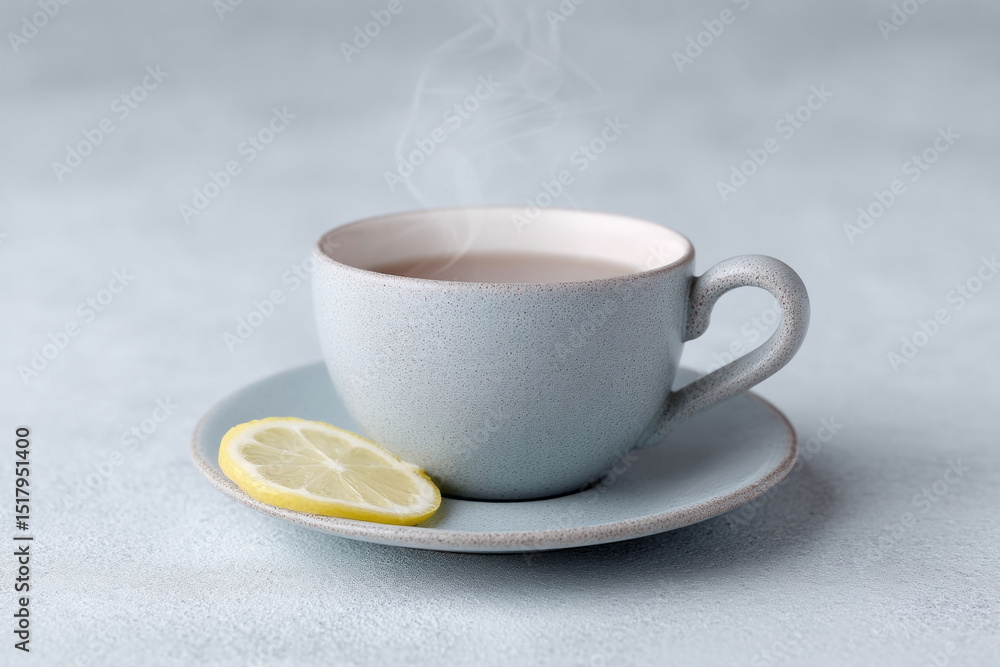 Steaming porcelain cup cradles zesty lemon slice, evoking hygge warmth on a serene Blue Monday morning Steaming porcelain cup cradles zesty lemon slice, evoking hygge warmth on a serene Blue Monday morning