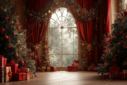Elegant Christmas Interior with Snowy Window View and Decorated Trees
