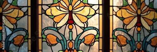 Colorful stained glass window with floral pattern and geometric design