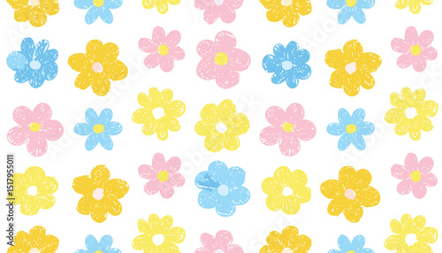 Floral pattern. Seamless spring flower crayon hand drawn abstract vector. Yellow brush background. Small pencil plant. Pastel pattern design. Organic floral illustration texture.children, brush, chalk