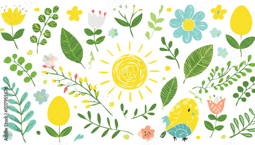 Cute Easter set with spring flower, egg, leaves, tulip, bird, chick, sun. Easter cartoon vector bg with kid crayon elements. Floral doodle illustration, pastel garden background.rabbit, flower, 