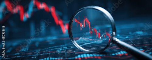 A magnifying glass focuses on a digital stock market chart with fluctuating red and blue lines, symbolizing financial analysis and data trends.