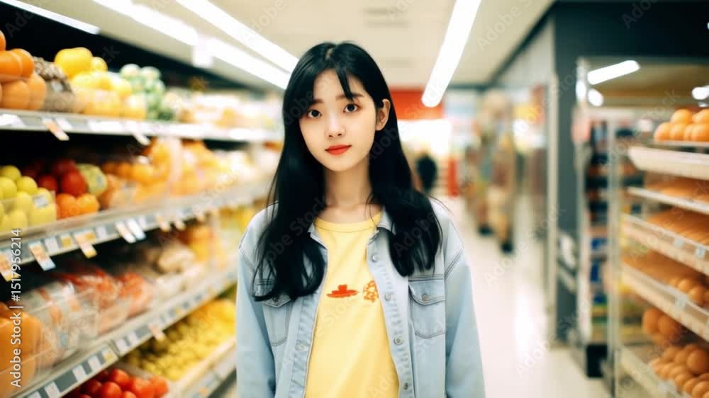 A young woman explores a bustling grocery store filled with colorful fruits and vegetables. She walks through aisles, enjoying the vibrant atmosphere and variety of fresh selections A young woman explores a bustling grocery store filled with colorful fruits and vegetables. She walks through aisles, enjoying the vibrant atmosphere and variety of fresh selections