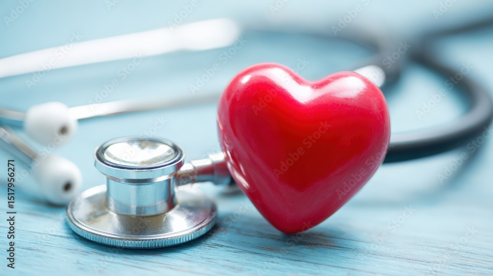A red heart and a stethoscope on a blue surface symbolize heart health and medical care. A red heart and a stethoscope on a blue surface symbolize heart health and medical care.