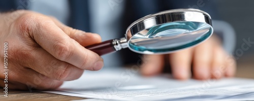 A person closely examines a document with a magnifying glass, emphasizing scrutiny and attention to detail.