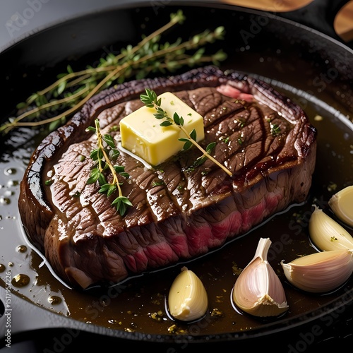 Juicy steak cooking in a skillet with garlic and herbs on a rustic wooden table