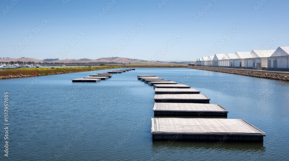 Fototapeta premium Floating docks snake across sunlit water, evoking tranquil epochs, serene isolation, perfect for Waterfront Day or World Oceans Day