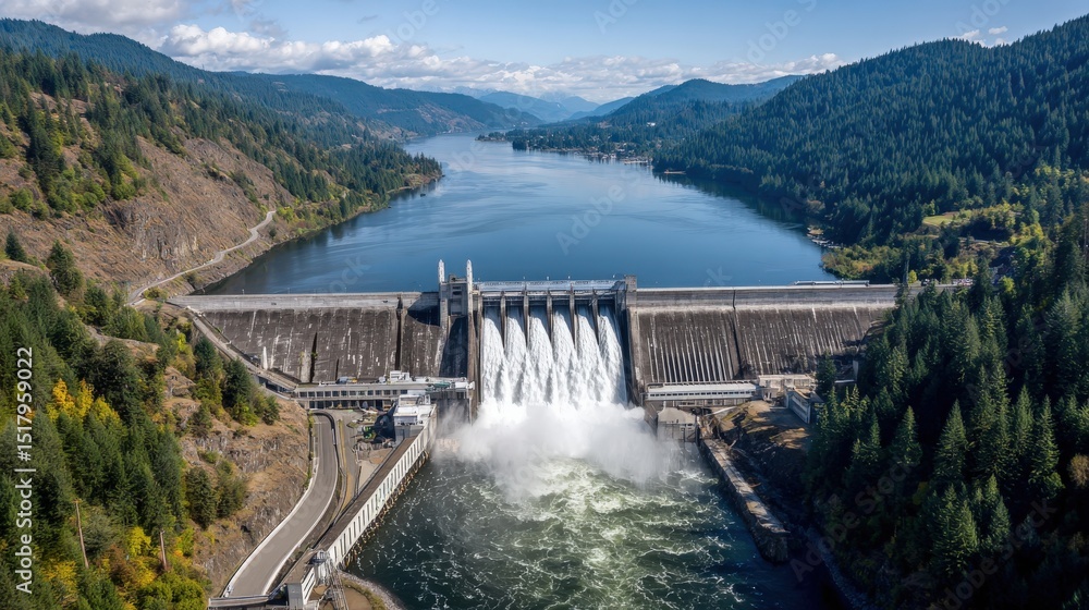 A large hydroelectric dam releases water into a river, surrounded by lush green forests and mountains under a partly cloudy sky. A large hydroelectric dam releases water into a river, surrounded by lush green forests and mountains under a partly cloudy sky.