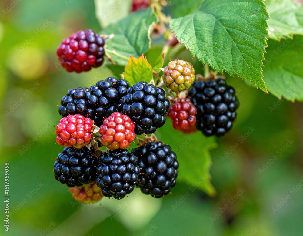 Clusters of ripe and unripe blackberries hang from a vibrant green bush, basking in natural sunlight and showcasing the beauty of fresh, organic fruit in nature Clusters of ripe and unripe blackberries hang from a vibrant green bush, basking in natural sunlight and showcasing the beauty of fresh, organic fruit in nature