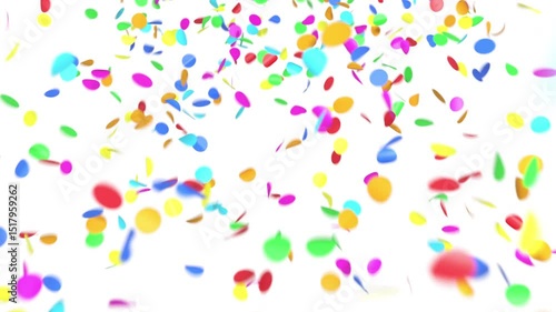 Flying Through Confetti Bright Colors Falling on White Background, Alpha Mask Loopable 3d Animation. Multicolor Confetti Particles Waterfall Close-up Isolated. Rainbow Circles Design Element 4k.
