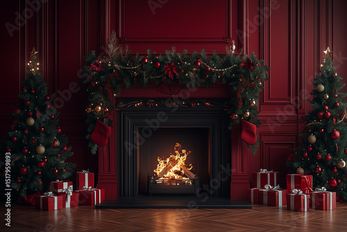 Luxurious Christmas Living Room with Fireplace and Festive Decorations