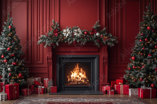 Luxurious Christmas Living Room with Fireplace and Festive Decorations