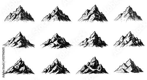 Twelve HandDrawn Mountain Illustrations with Varying Styles and Details