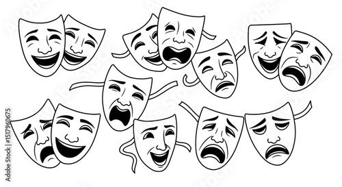 Collection of Black and White Theatrical Masks Displaying Varied Emotions