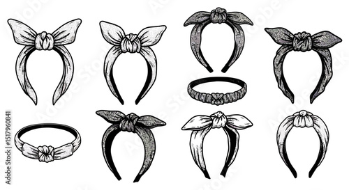 Collection of Illustrated Headbands with Bows and Knots in Various Styles