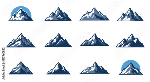 Collection of Stylized Mountain Illustrations with Snow and Varied Peaks